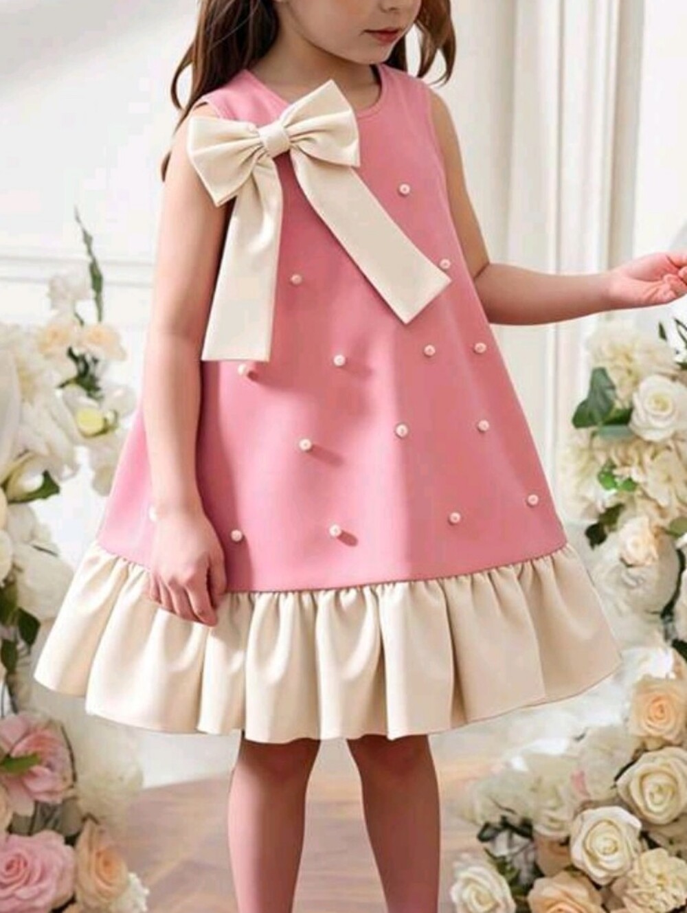 Girls Pink Bow Pearl A-Line Dress with Cream Ruffle SIZE-6Y